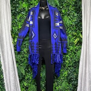 Southwestern Tribal Fringe Cardigan Medium Blue Metallic Open Front‎ Boho 3601